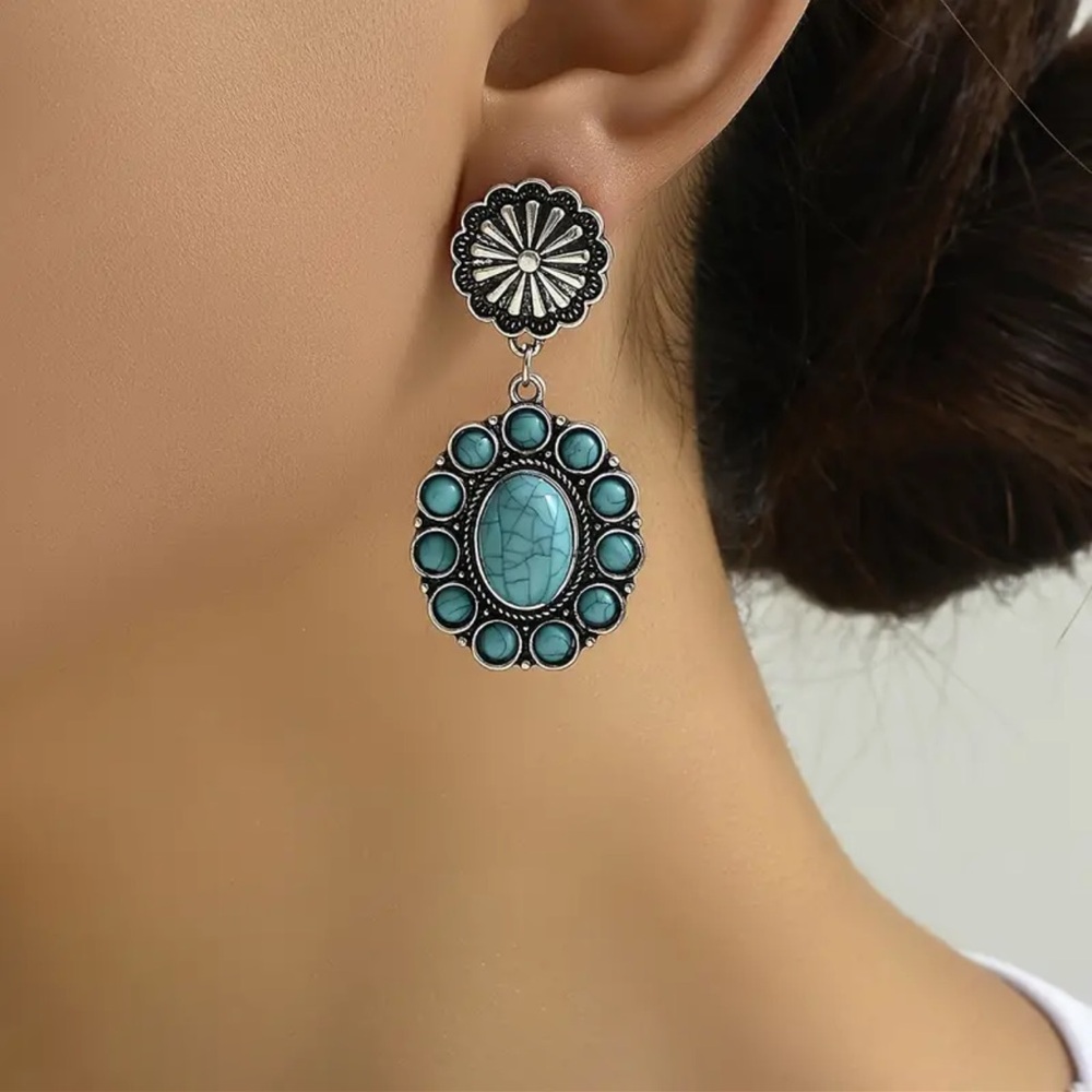 New Big Silver Bohemian Design Flower Turquoise Drop Earrings